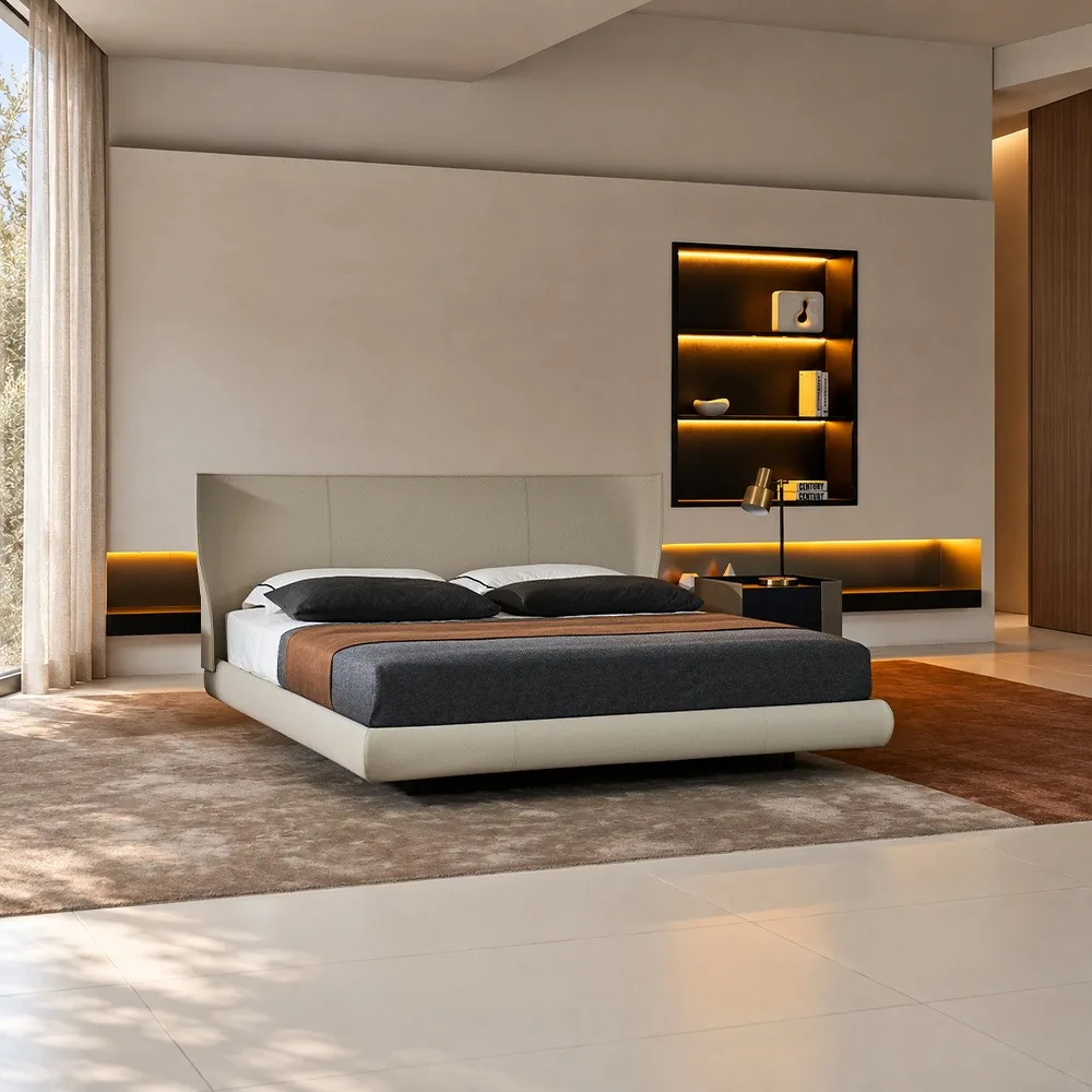Alice Floating Saddle Leather Bed with Sensor Light in slate — front view