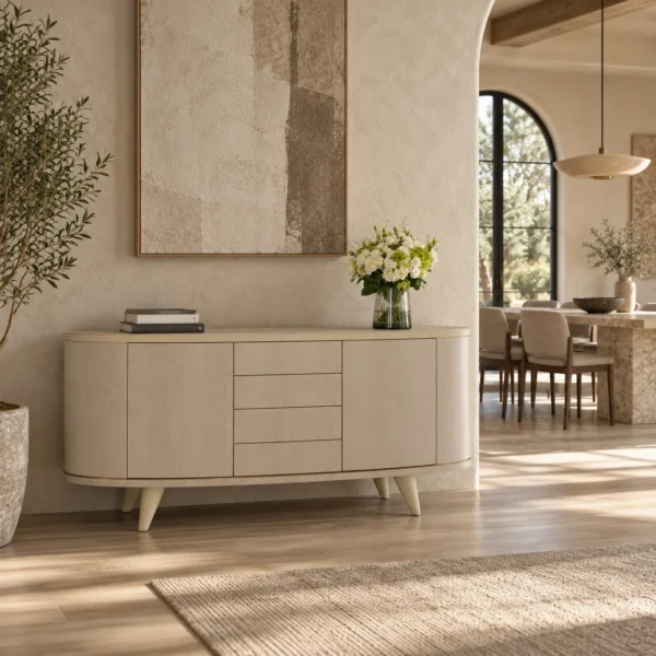 Alison Oval Sideboard in oatmeal — in a room setting