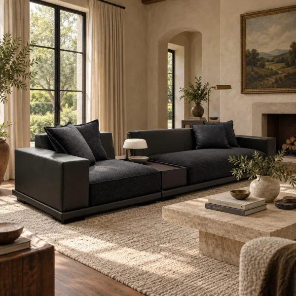 Low Modular Sofa in Black Leather and Fabric — in a room setting
