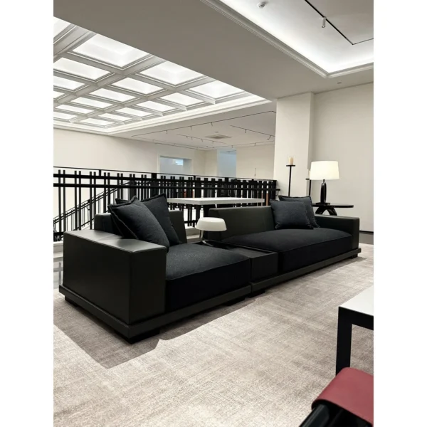 Low Modular Sofa in Black Leather and Fabric — in a room setting