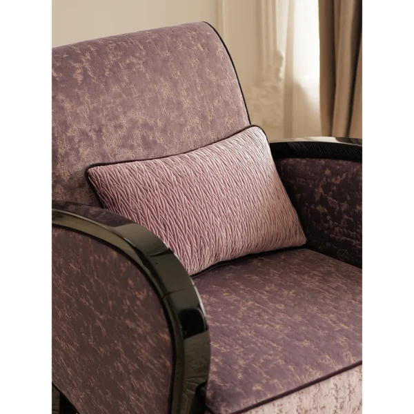 Amaya Sky Purple Italian Fabric Armchair in plum — in a room setting