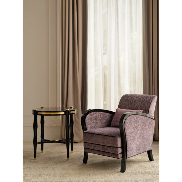 Amaya Sky Purple Italian Fabric Armchair in plum — in a room setting