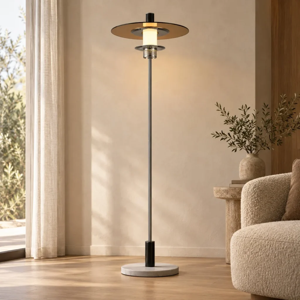 Amber Glass Disc Floor Lamp on Chrome Stem in clay — front view