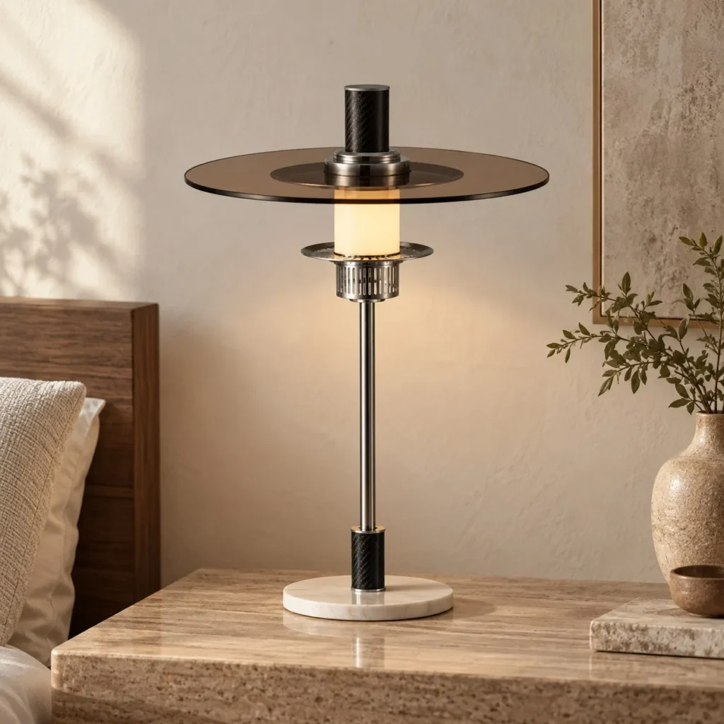 Amber Glass Disc Table Lamp on Chrome and Marble Base in clay — front view