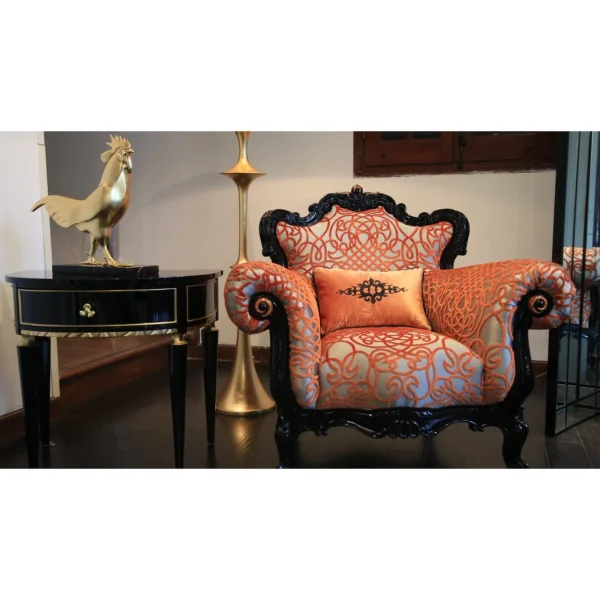 Amber Limited Edition Crystal-Embellished Baroque Armchair in rust — in a room setting