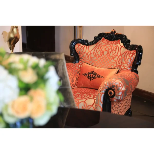 Amber Limited Edition Crystal-Embellished Baroque Armchair in rust — in a room setting