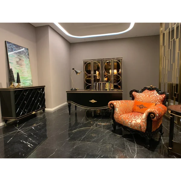 Amber Limited Edition Crystal-Embellished Baroque Armchair in rust — in a room setting