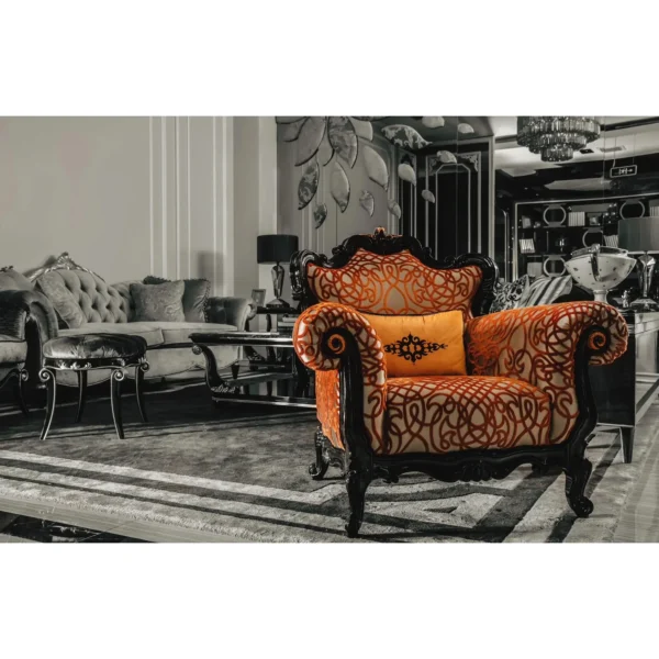 Amber Limited Edition Crystal-Embellished Baroque Armchair in rust — in a room setting