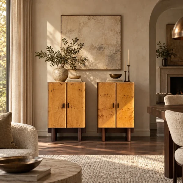 Amber Burl Veneer Curved Cabinet Pair on Dark Wood Legs in mustard — in a room setting