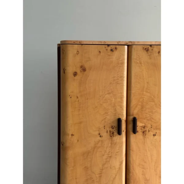 Amber Burl Veneer Curved Cabinet Pair on Dark Wood Legs in mustard — in a room setting