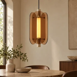 Amber Three-Wing Pendant Light with Travertine Core, 21 cm in clay — front view