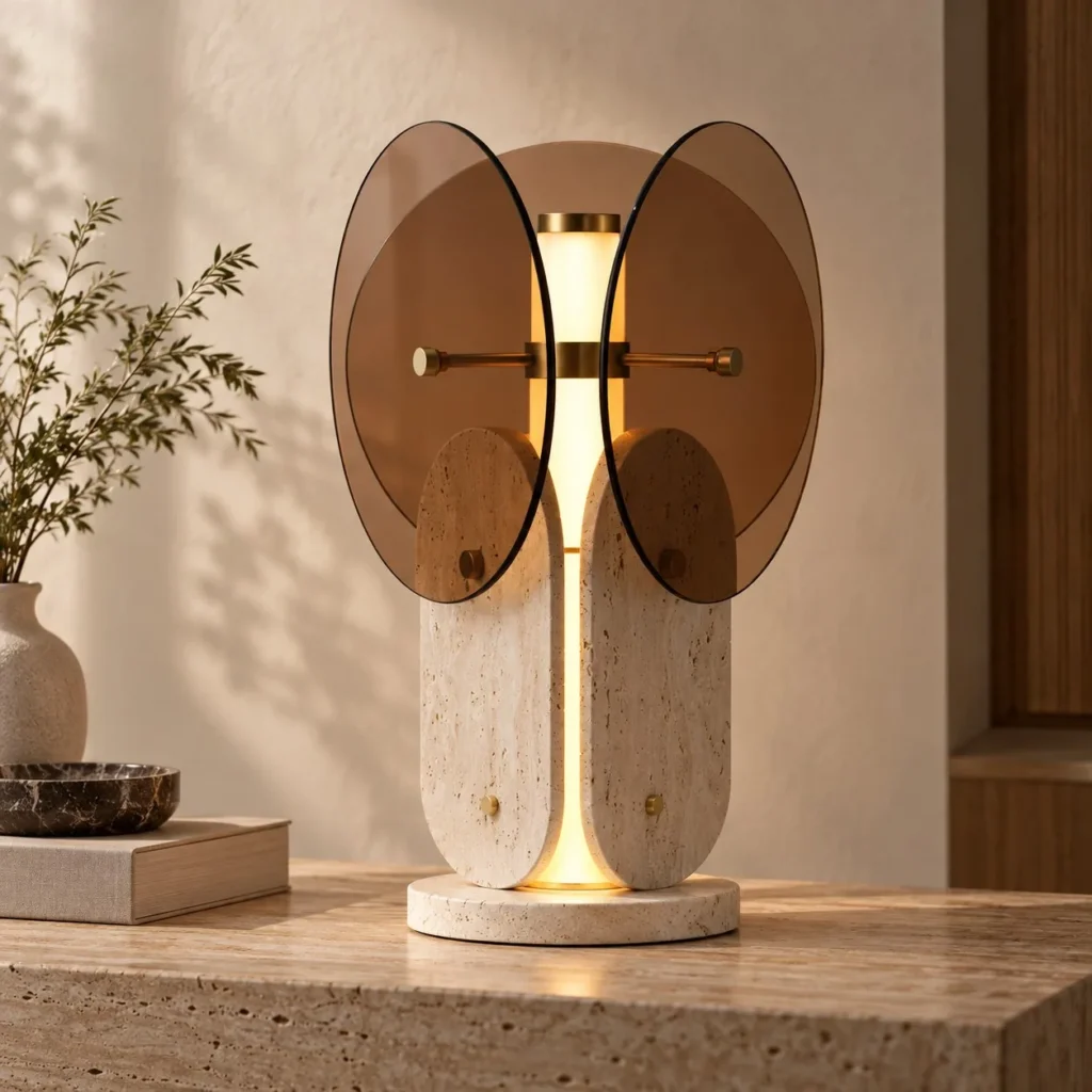 Amber Three-Wing Glass Table Lamp on Travertine Base in clay — front view