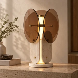 Amber Three-Wing Glass Table Lamp on Travertine Base in clay — front view