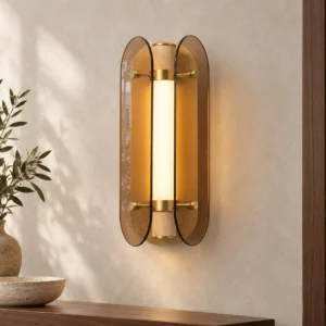 Amber Three-Wing Glass Wall Light with Opal Column in clay — front view