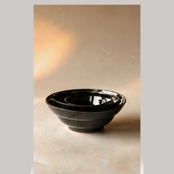 Artist Collaboration Black Gold Glaze Porcelain Bowls in black — in a room setting