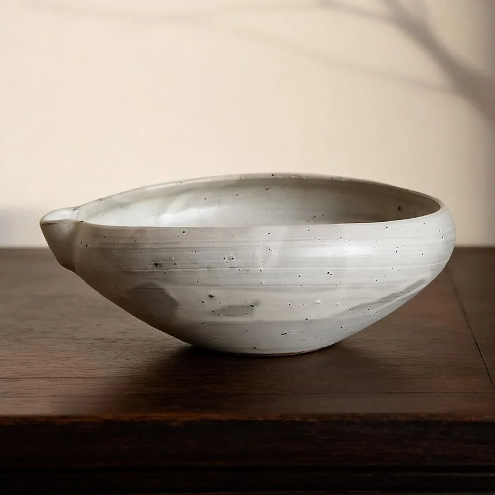 Artist Collaboration Stoneware Spouted Large Bowl with Ears in ivory — front view