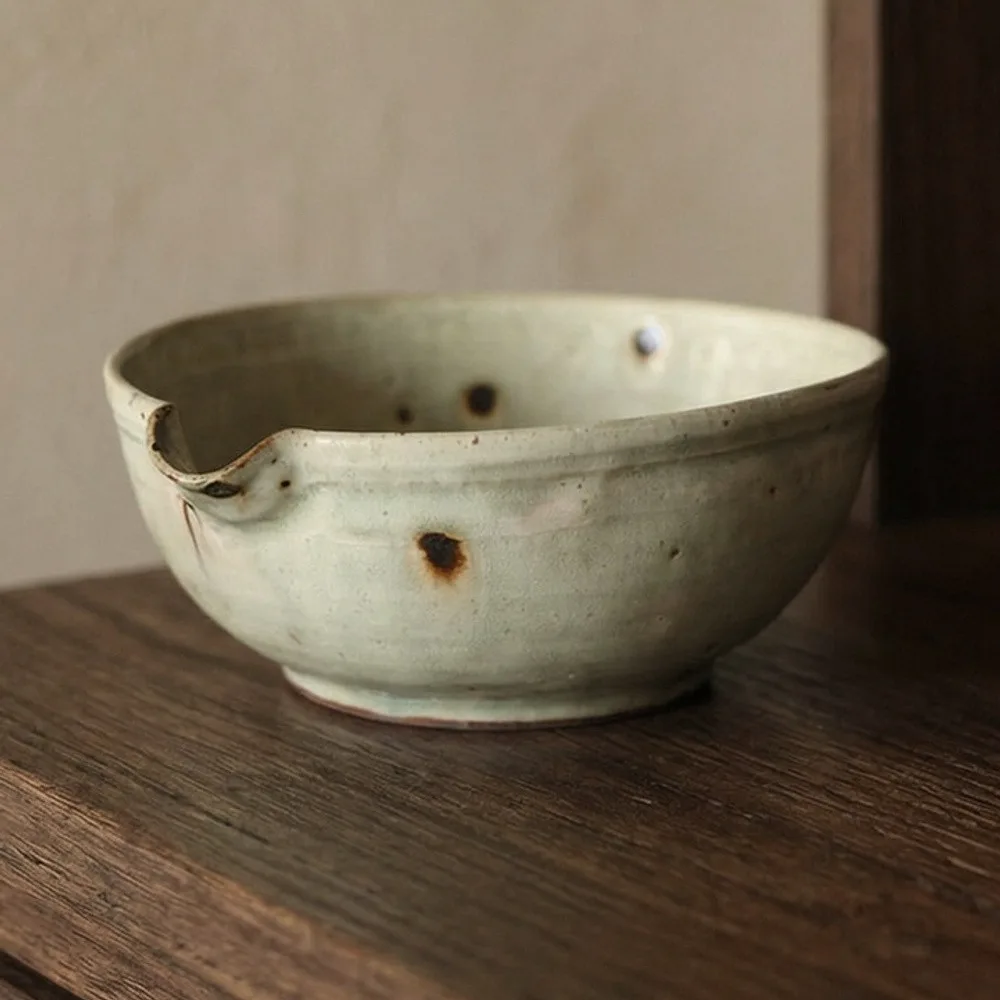 Artist Collaboration Grey-Green Iron-Spot Stoneware Bowl in olive — front view
