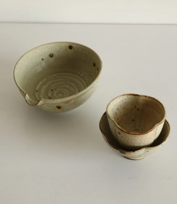 Artist Collaboration Grey-Green Iron-Spot Stoneware Bowl in olive — in a room setting