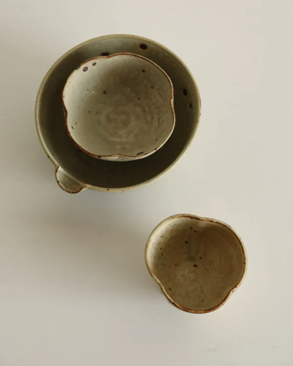 Artist Collaboration Grey-Green Iron-Spot Stoneware Bowl in olive — in a room setting