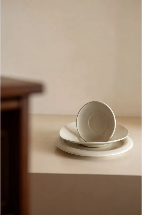 Artist Collaboration Off-White Ceramic Plates and Bowls Set in oatmeal — in a room setting
