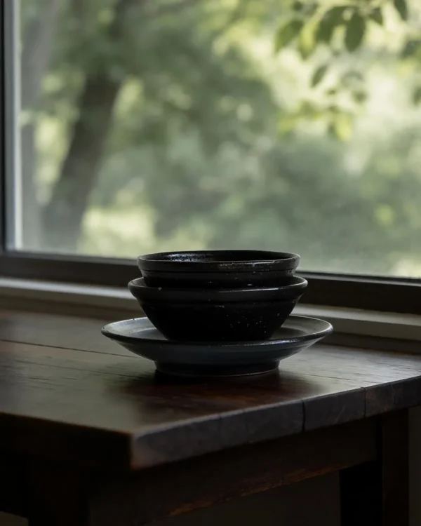 Artist Collaboration Stoneware Conical Rice Bowl and in black — in a room setting