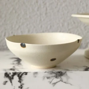 Handmade Ink-Dot Ceramic Bowls and Plates in oatmeal — front view
