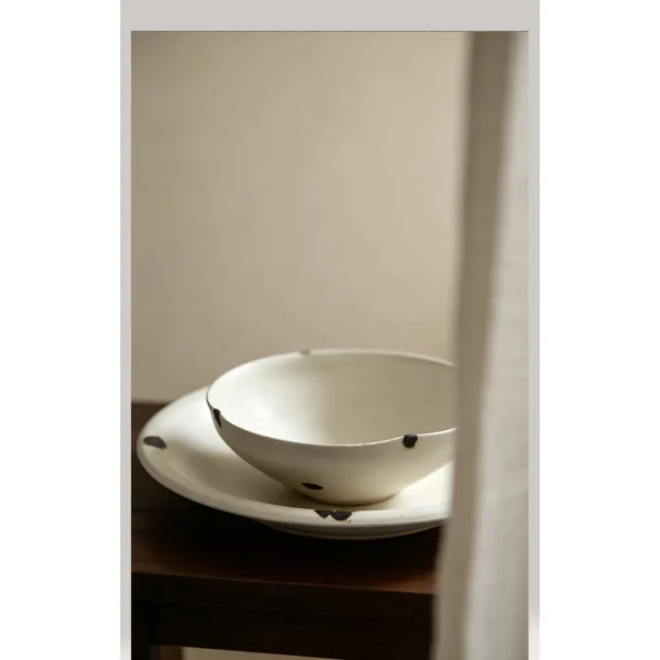 Handmade Ink-Dot Ceramic Bowls and Plates in oatmeal — in a room setting