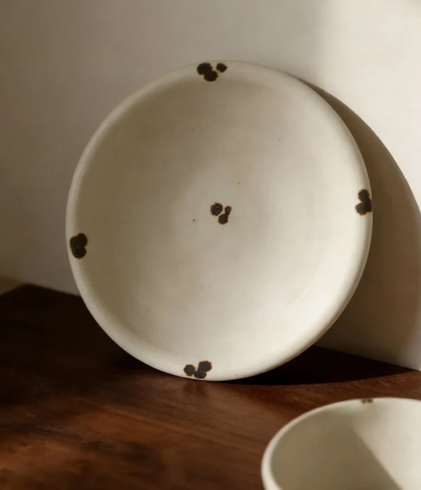 Handmade Ink-Dot Ceramic Bowls and Plates in oatmeal — in a room setting