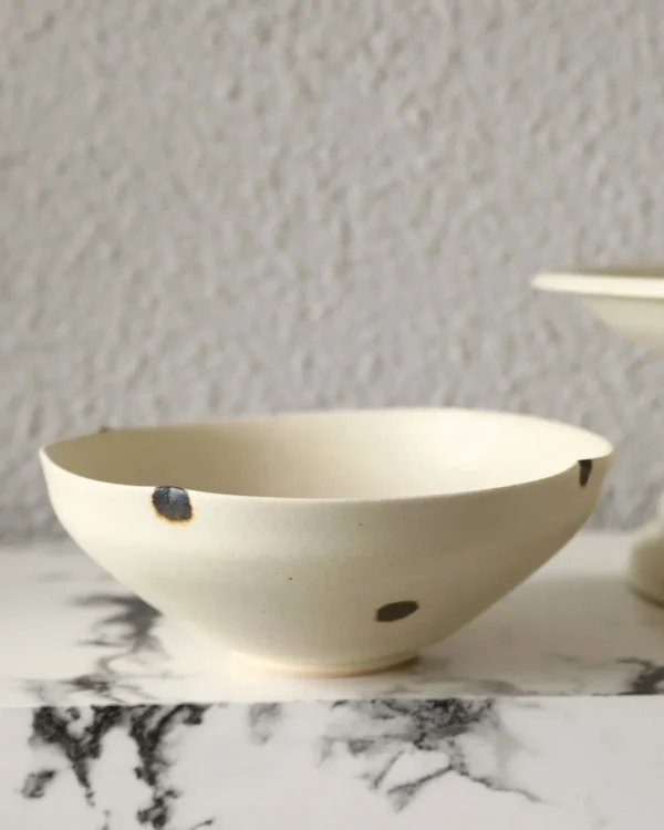 Handmade Ink-Dot Ceramic Bowls and Plates in oatmeal — in a room setting