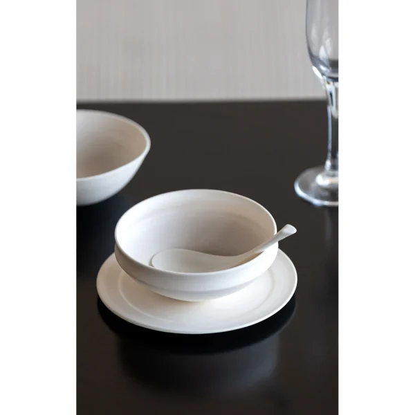 Plain White Ceramic Shallow Bowl and Plate in ivory — in a room setting