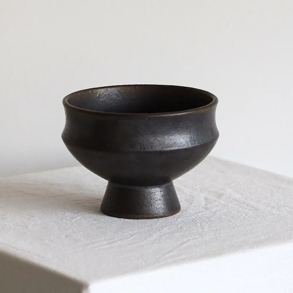 Artist Collaboration Antiqued Footed Ceramic Bowl, Brown or in clay — front view