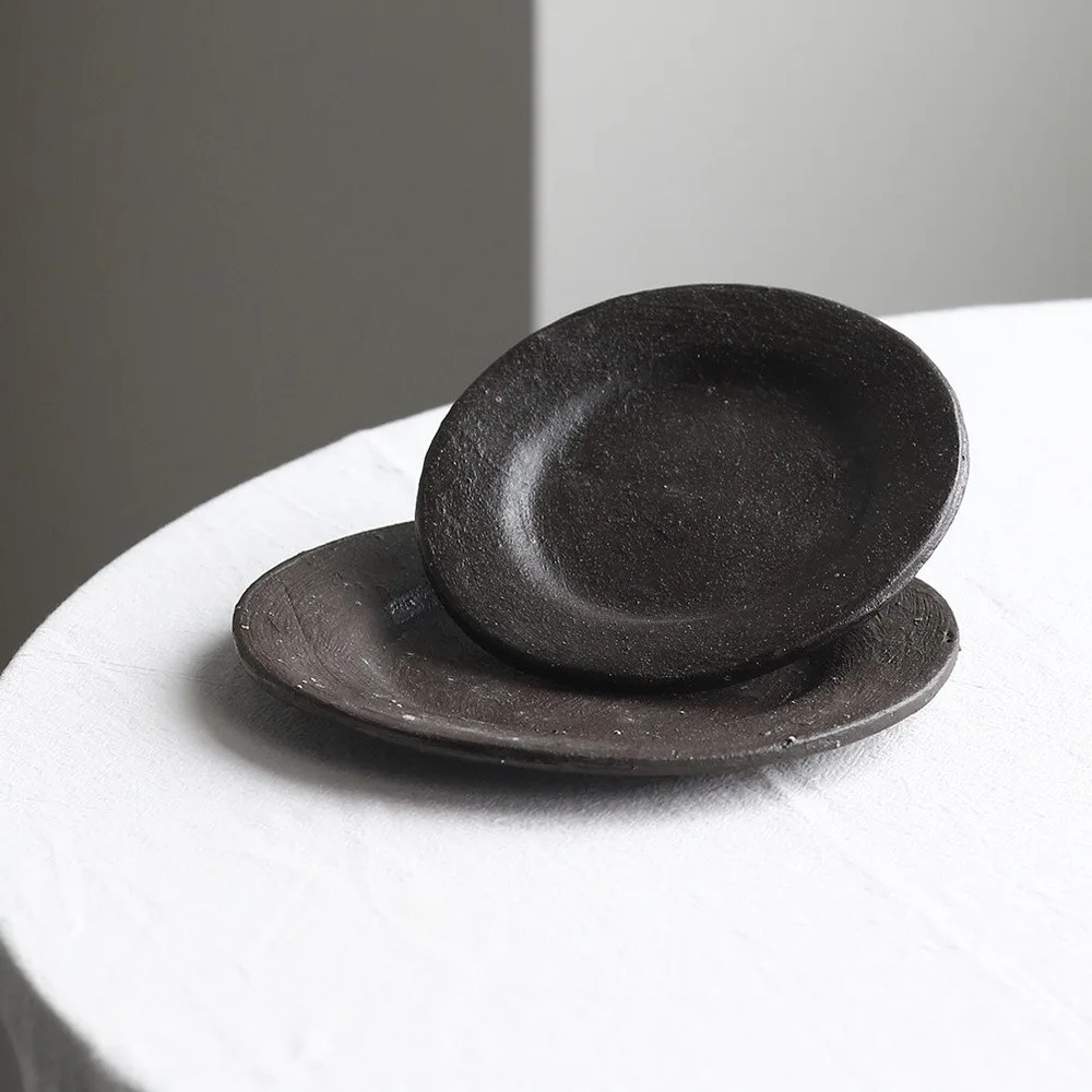 Artist Collaboration Brown Sand Stoneware Dessert Plates in clay — front view