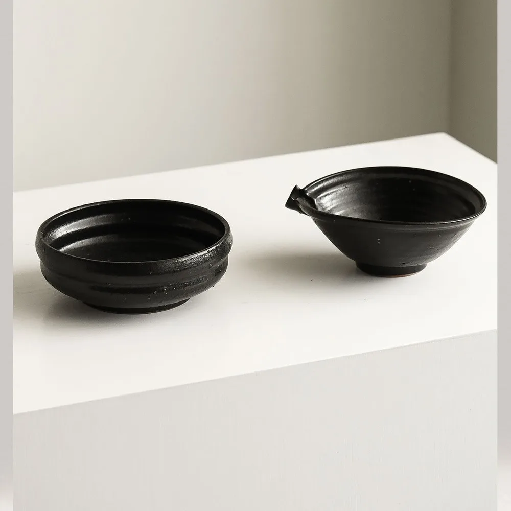 Artist Collaboration Black Glaze Stoneware Spouted Bowls in black — front view