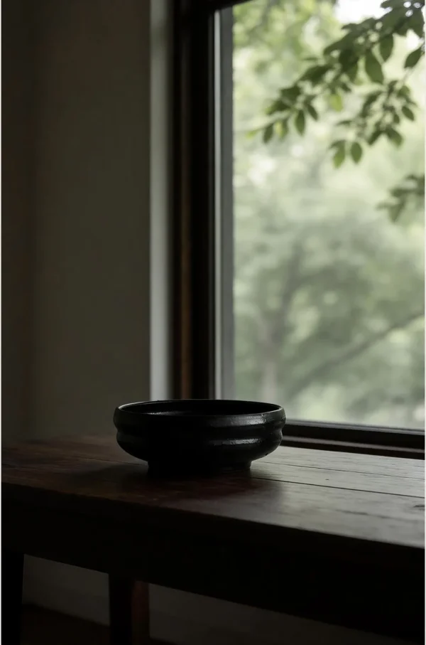 Artist Collaboration Black Glaze Stoneware Spouted Bowls in black — in a room setting