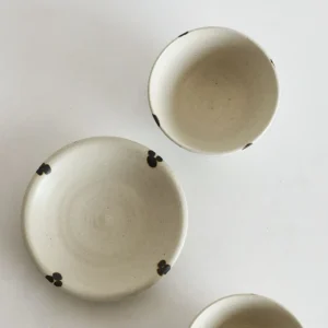 Artist Collaboration White Glaze Ink-Dot Ceramic Bowls and in ivory — front view