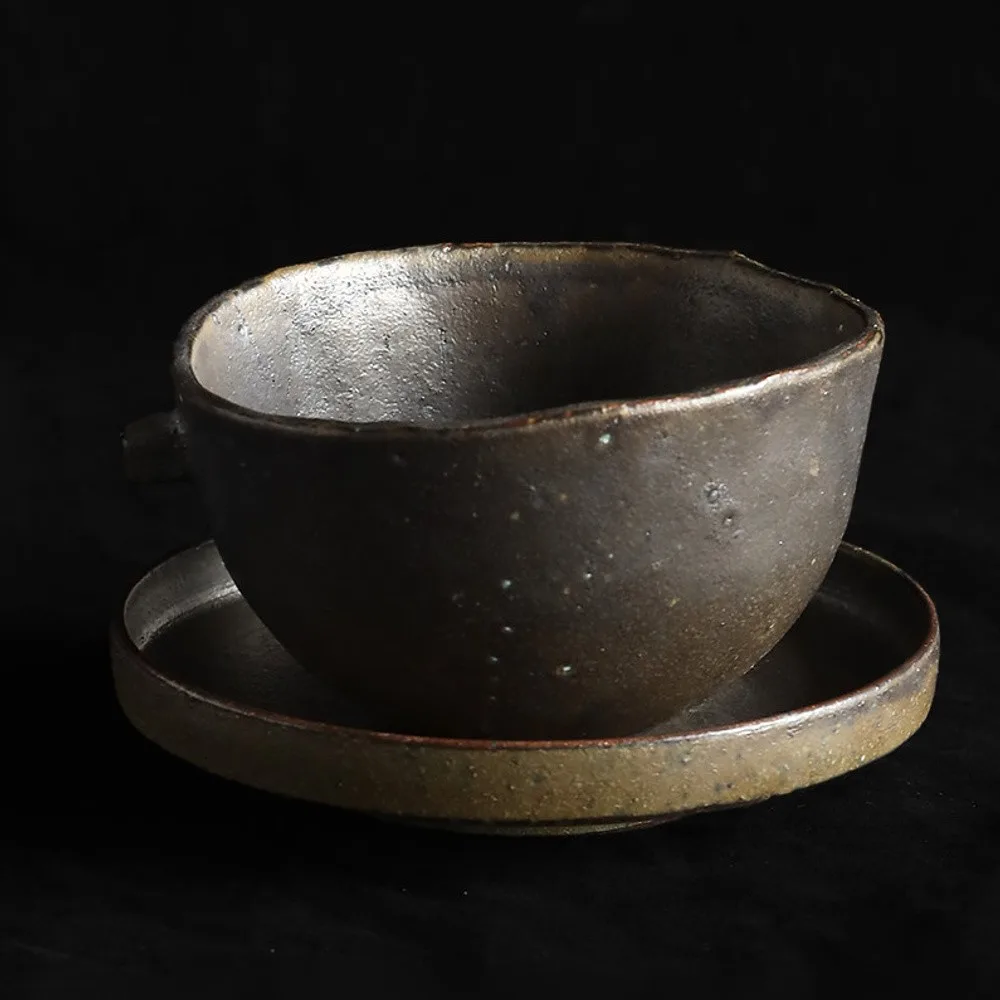 Artist Collaboration Dark Stoneware Eared Bowl and Plate in clay — front view