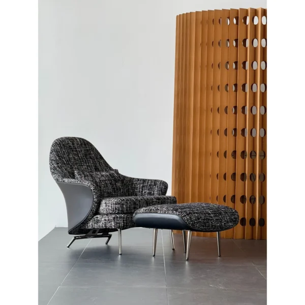 Saddle Leather Corset Lounge Chair in Black Tweed — in a room setting