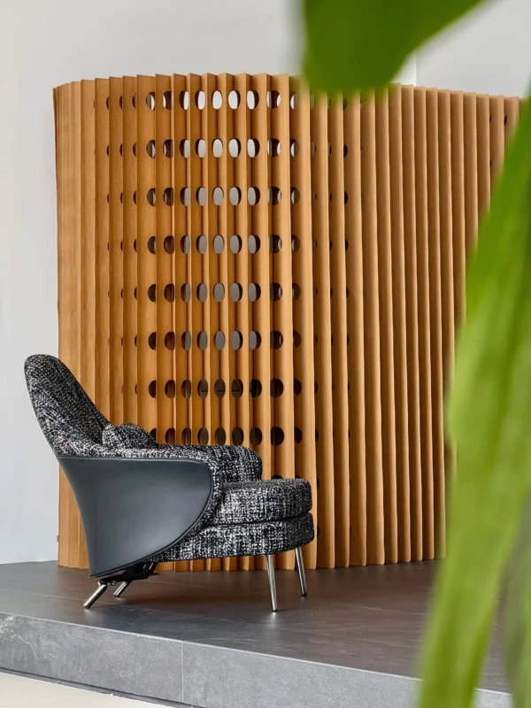 Saddle Leather Corset Lounge Chair in Black Tweed — in a room setting