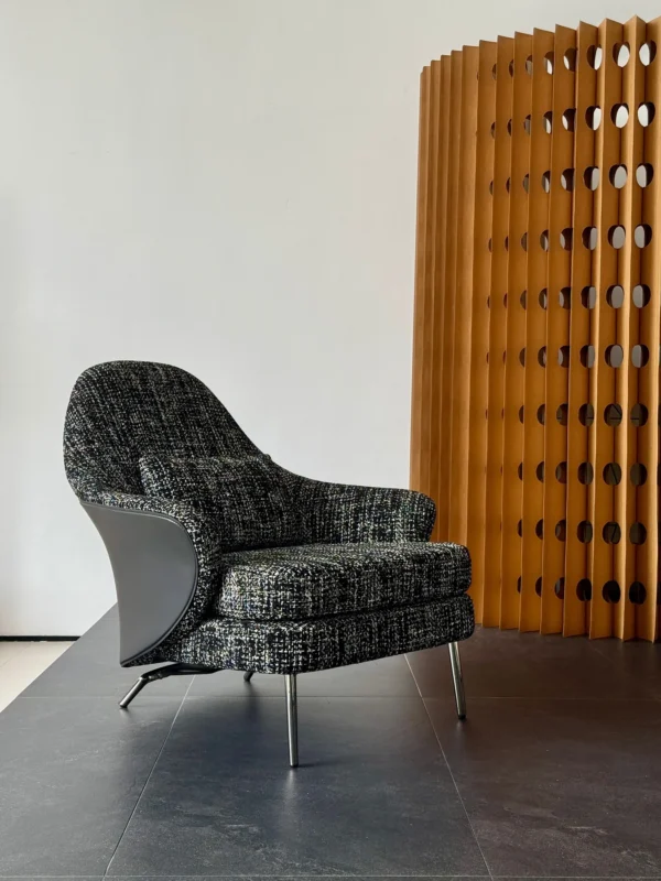 Saddle Leather Corset Lounge Chair in Black Tweed — in a room setting