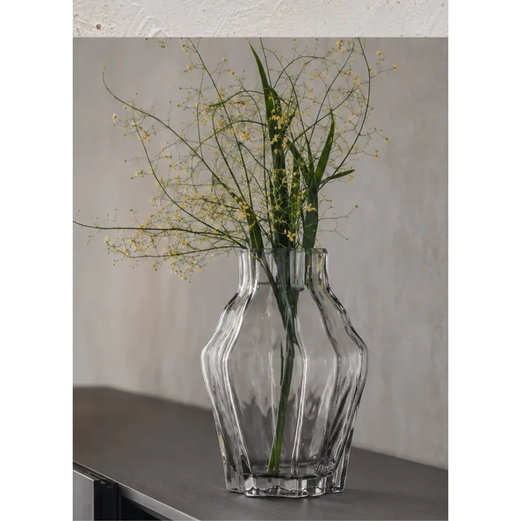 Designer Angular Clear Glass Vase in slate — in a room setting