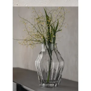 Designer Angular Clear Glass Vase in slate — in a room setting
