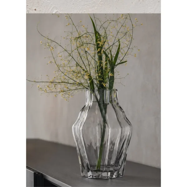 Designer Angular Clear Glass Vase in slate — in a room setting
