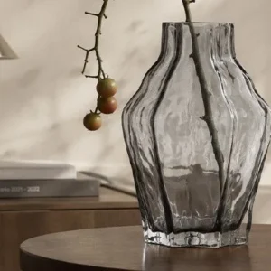 Designer Angular Clear Glass Vase in slate — in a room setting