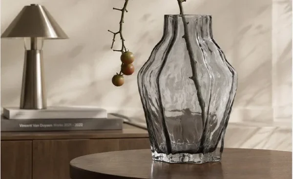 Designer Angular Clear Glass Vase in slate — in a room setting