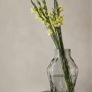 Designer Angular Clear Glass Vase in slate — in a room setting