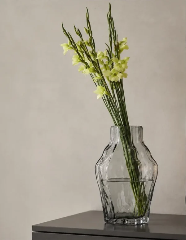 Designer Angular Clear Glass Vase in slate — in a room setting