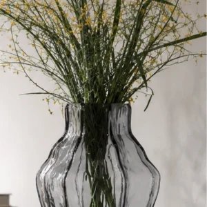 Designer Angular Clear Glass Vase in slate — in a room setting