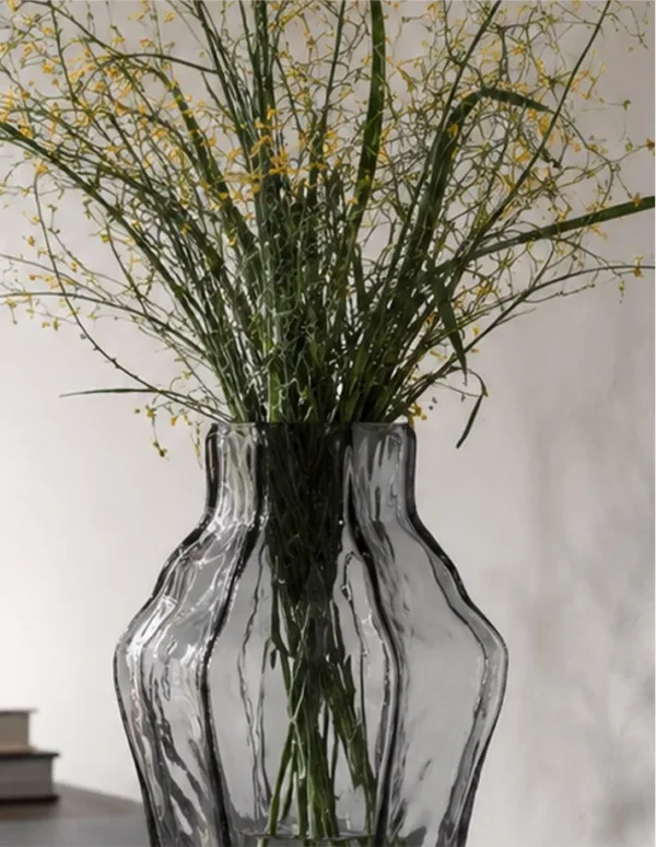 Designer Angular Clear Glass Vase in slate — in a room setting