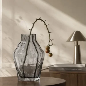 Designer Angular Clear Glass Vase in slate — in a room setting