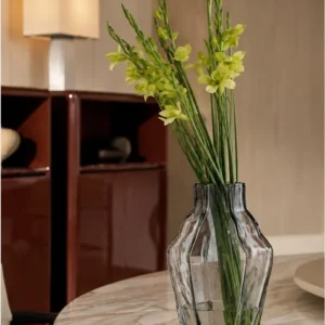 Designer Angular Clear Glass Vase in slate — in a room setting